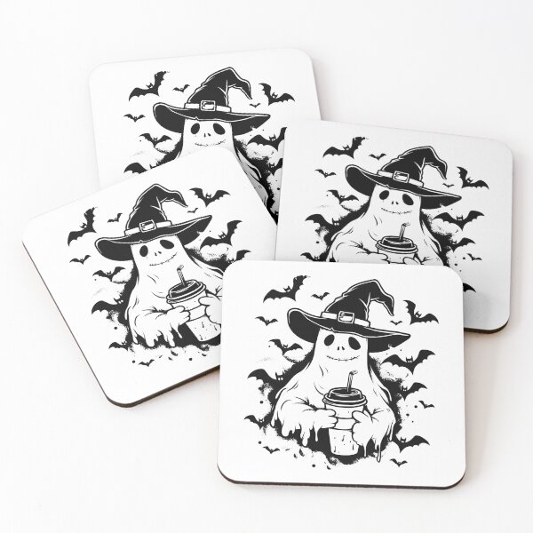 Item preview, Cute Halloween Ghost with Coffee – Witch Hat and Bats Illustration designed and sold by inkoutninja.