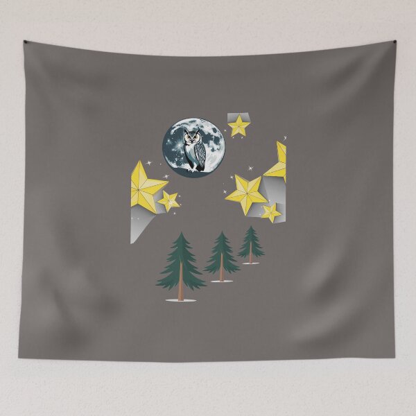 Item preview, An owl chilling under the moonlight, surrounded by golden stars and pine trees, probably plotting its next wisecrack or just judging the world silently. designed and sold by AddyTae.