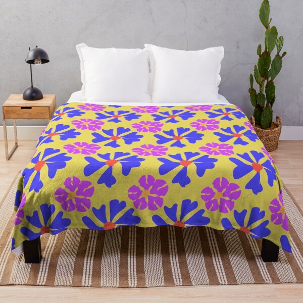 Item preview, Bright abstract floral seamless pattern with bold blue and pink flowers on vibrant yellow background design designed and sold by Jukclassic.
