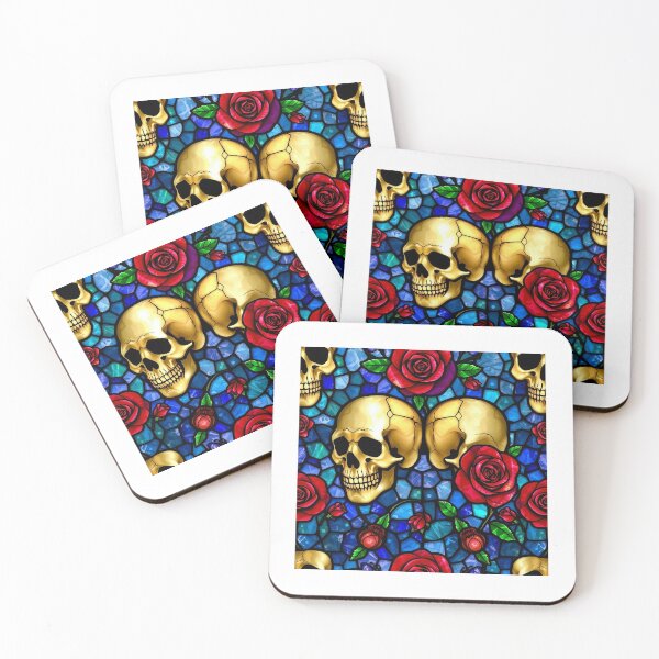 Item preview, Blue and Gold Stained Glass Skull Pattern & Cemetery Seamless Pattern Happy Halloween  designed and sold by TheGaliyaStudio.