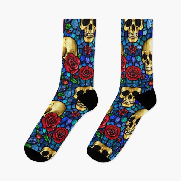 Item preview, Blue and Gold Stained Glass Skull Pattern & Cemetery Seamless Pattern Happy Halloween  designed and sold by TheGaliyaStudio.