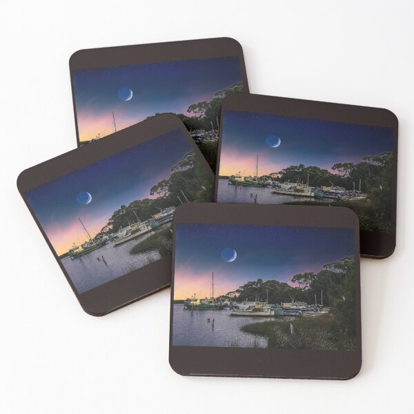 Item preview, Strahan Tasmania Dusk - Moonlit Harbour Photography - Old Fishing Boats on Glassy Water designed and sold by taspaul.