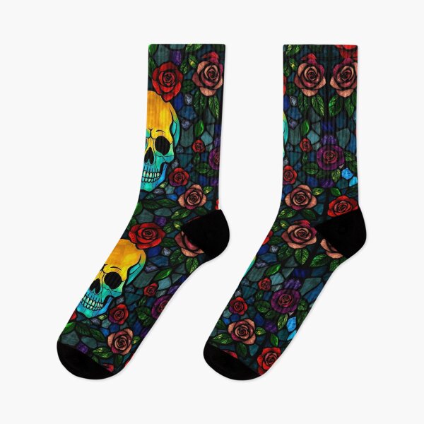 Item preview, Halloween Teal Stained Glass Skull and Rose Pattern & Cemetery Seamless Pattern  designed and sold by TheGaliyaStudio.