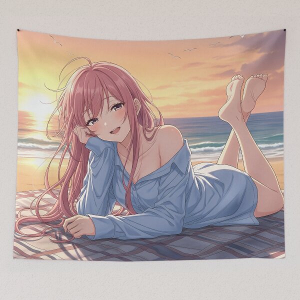 Item preview, In the setting sun, Waifu poses on a blanket by the beach designed and sold by GerwantSHOP.