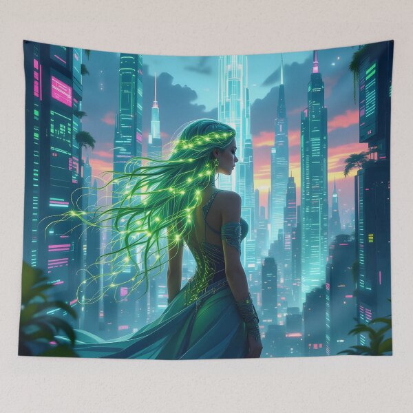Item preview, Solarpunk Empress – Neon City Skyline Eco-Future Portrait Art designed and sold by artmanikin.