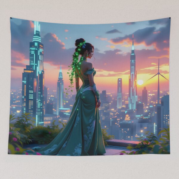 Item preview, Solarpunk Goddess at Sunset: Futuristic City Elegance designed and sold by artmanikin.