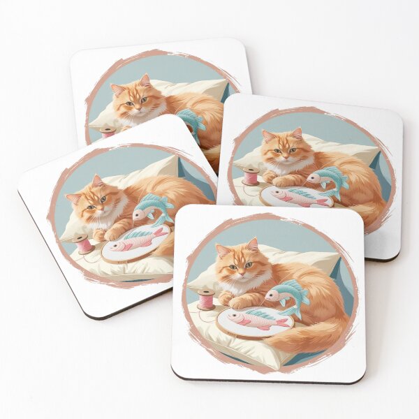 Item preview, Ginger Cat Embroidering Fish – Cozy Handmade Vibes designed and sold by jelonkaa.
