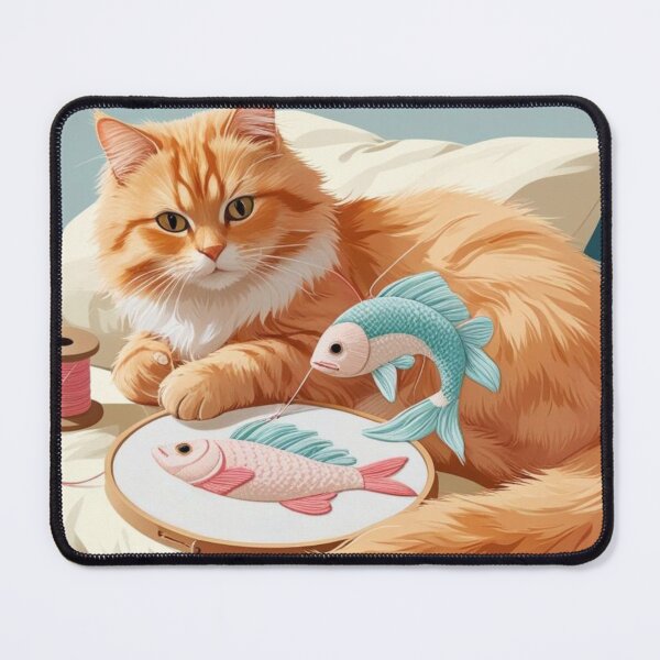 Item preview, Ginger Cat Embroidering Fish – Cozy Handmade Vibes designed and sold by jelonkaa.