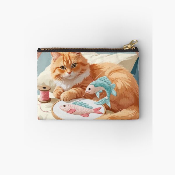 Item preview, Ginger Cat Embroidering Fish – Cozy Handmade Vibes designed and sold by jelonkaa.