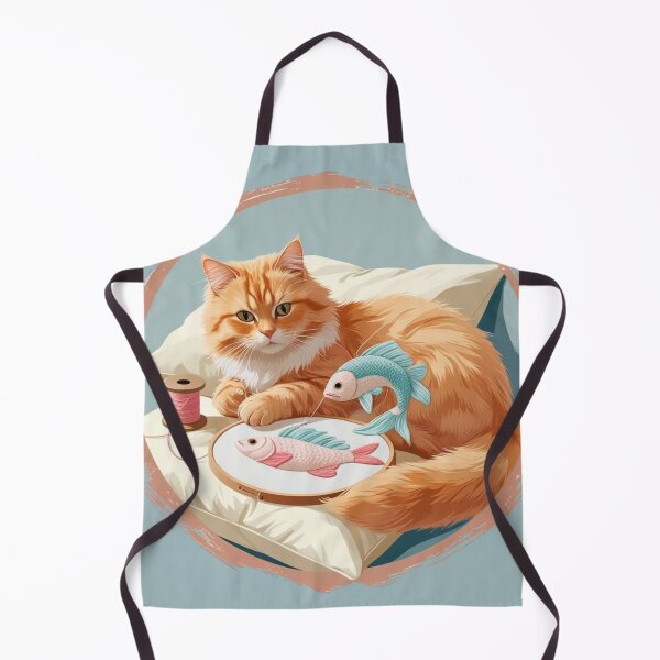 Item preview, Ginger Cat Embroidering Fish – Cozy Handmade Vibes designed and sold by jelonkaa.