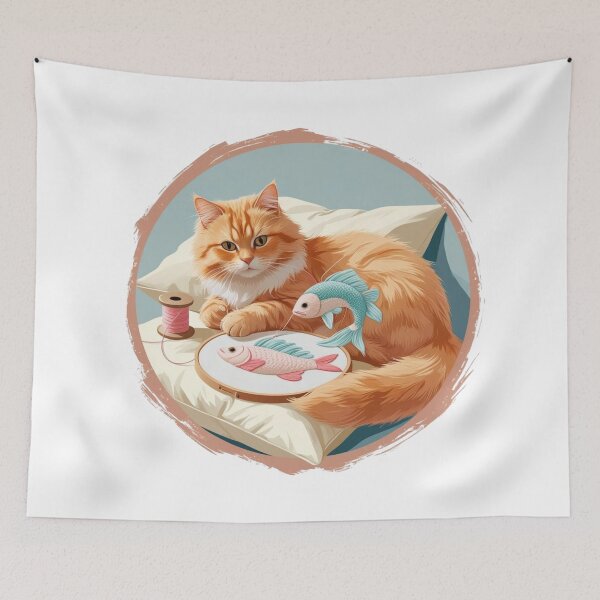 Item preview, Ginger Cat Embroidering Fish – Cozy Handmade Vibes designed and sold by jelonkaa.