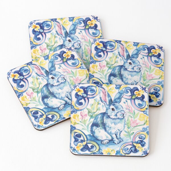 Item preview, Watercolor Rabbit Portuguese Tile – Floral Vintage Tile Art Decor designed and sold by imaginefountain.