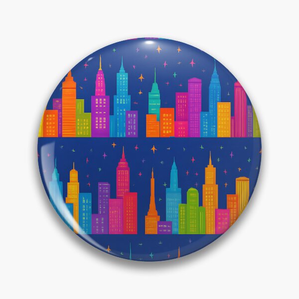 Item preview, Vibrant Cityscape Seamless Pattern – Colorful Skyscrapers with Stars and Airplanes on Blue Background designed and sold by FestivityFinds.