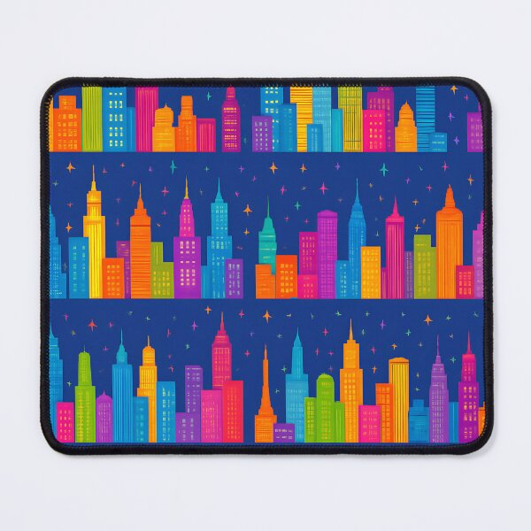 Item preview, Vibrant Cityscape Seamless Pattern – Colorful Skyscrapers with Stars and Airplanes on Blue Background designed and sold by FestivityFinds.