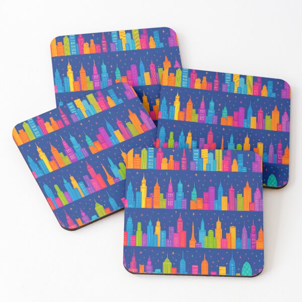 Item preview, Vibrant Cityscape Seamless Pattern – Colorful Skyscrapers with Stars and Airplanes on Blue Background designed and sold by FestivityFinds.