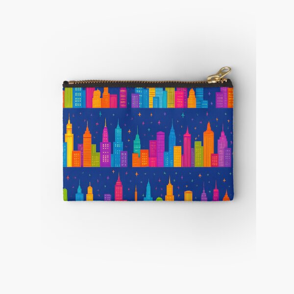 Item preview, Vibrant Cityscape Seamless Pattern – Colorful Skyscrapers with Stars and Airplanes on Blue Background designed and sold by FestivityFinds.