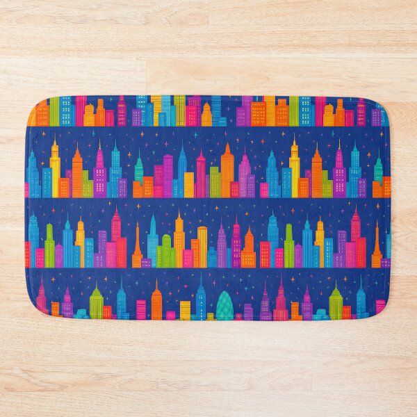 Item preview, Vibrant Cityscape Seamless Pattern – Colorful Skyscrapers with Stars and Airplanes on Blue Background designed and sold by FestivityFinds.