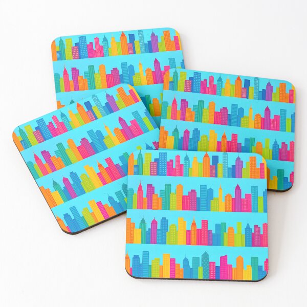 Item preview, Colorful City Skyline Seamless Pattern – Bright Skyscrapers in Pink, Blue, Green, and Yellow on Blue Background designed and sold by FestivityFinds.