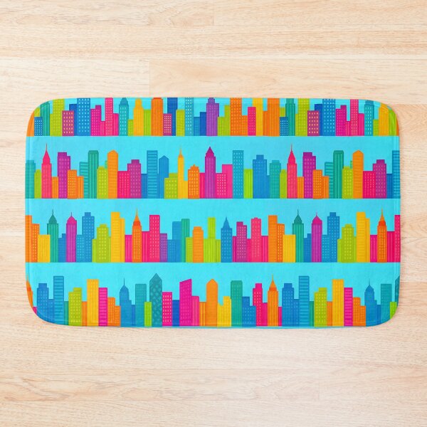Item preview, Colorful City Skyline Seamless Pattern – Bright Skyscrapers in Pink, Blue, Green, and Yellow on Blue Background designed and sold by FestivityFinds.