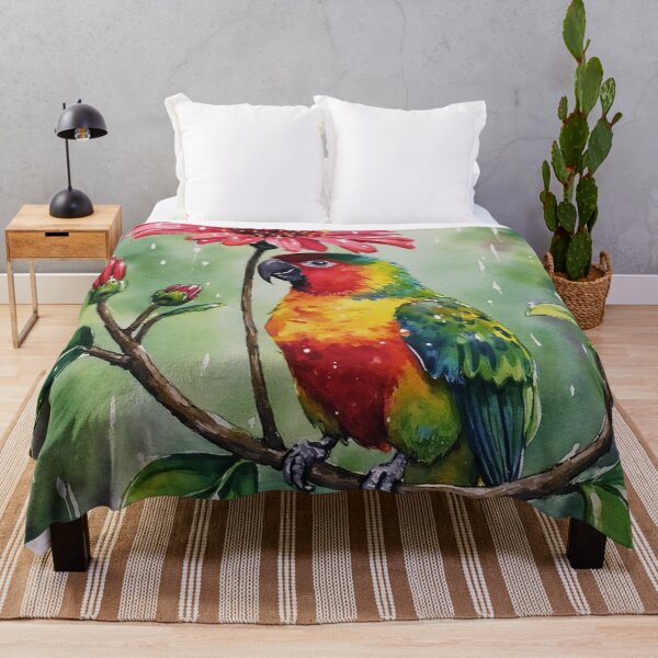 Item preview, Colorful Parrot with Red Flower Umbrella – Whimsical Rainy Day Scene designed and sold by skysshobu.