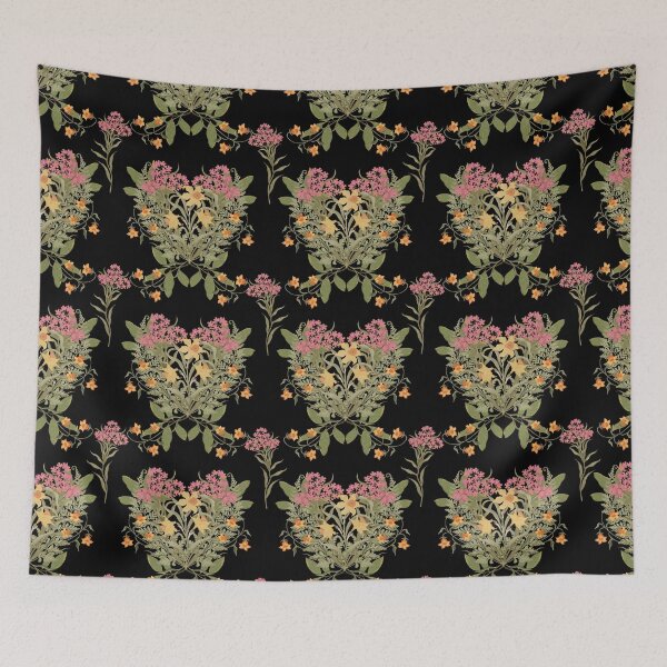 Item preview, Seamless pattern on a black background with stylized pink flowers and yellow daffodils. Hand drawn designed and sold by Grin Katalina Floral Patterns & Cozy Art.