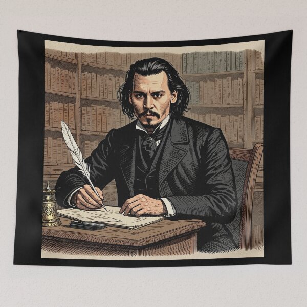 Item preview, Johhny Depp vintage etching style portrait art designed and sold by Vintage Designs +.