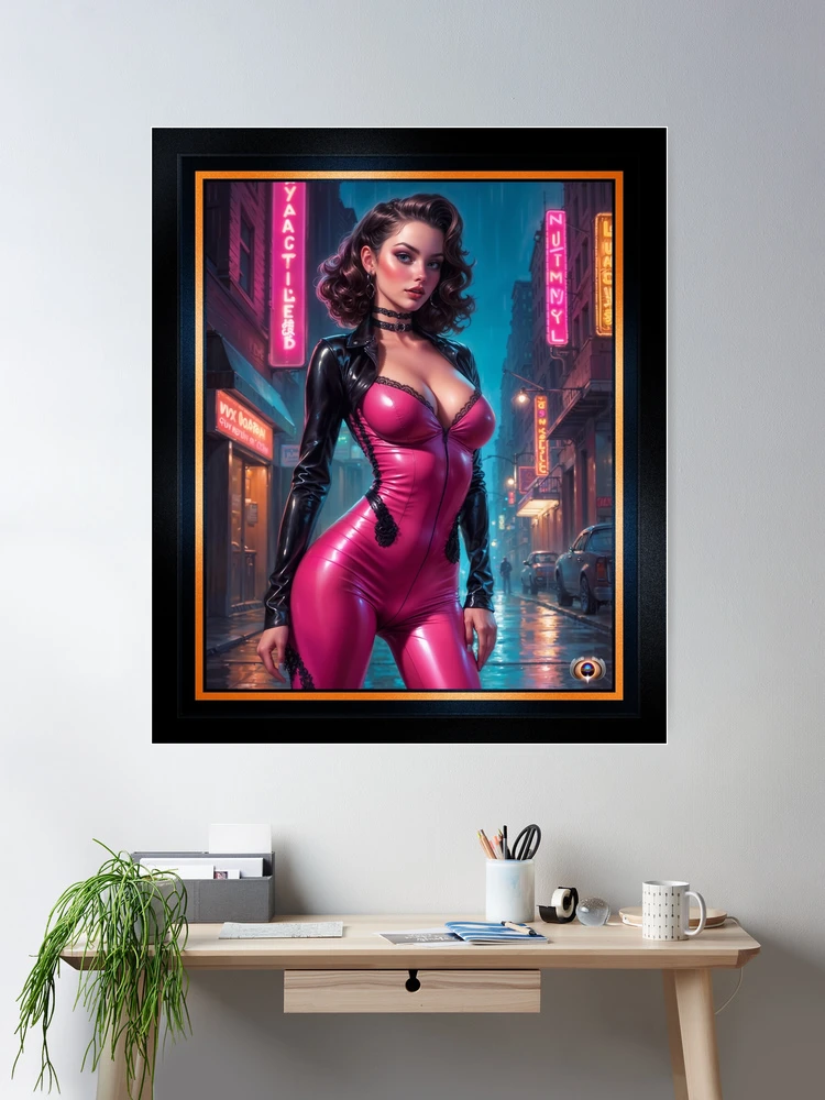 Nymia In Pink Latex In A Rain Soaked Neon City Captivating AI Concept Art by Xzendor7 Room Decor Poster Art Print