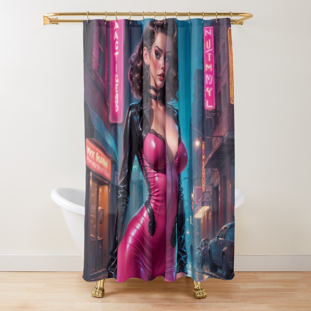 Nymia In Pink Latex In A Rain Soaked Neon City Captivating AI Concept Art by Xzendor7 Decorative Art Print Shower Curtain