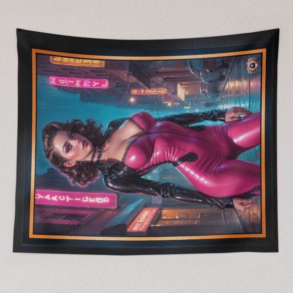 Item preview, Nymia In Pink Latex In A Rain Soaked Neon City Captivating AI Concept Art by Xzendor7 designed and sold by Xzendor7 Digital Art Creations.