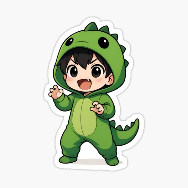 Chibi in Cute Dinosaur Onesie – Playful Roar Pose Kawaii Anime Art Sticker