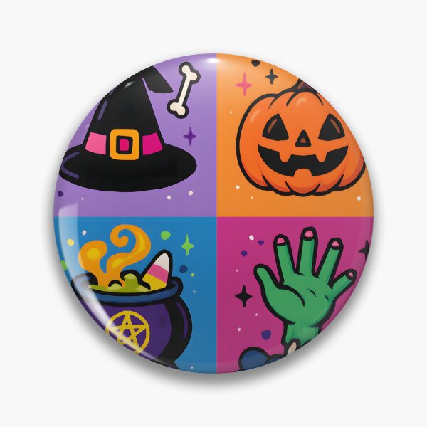 Item preview, Vibrant Halloween Quadrant Graphic – Witch Hat, Pumpkin, Cauldron, and Zombie Hand in Bright Colors designed and sold by FestivityFinds.