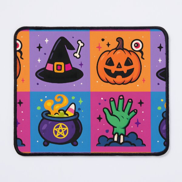 Item preview, Vibrant Halloween Quadrant Graphic – Witch Hat, Pumpkin, Cauldron, and Zombie Hand in Bright Colors designed and sold by FestivityFinds.