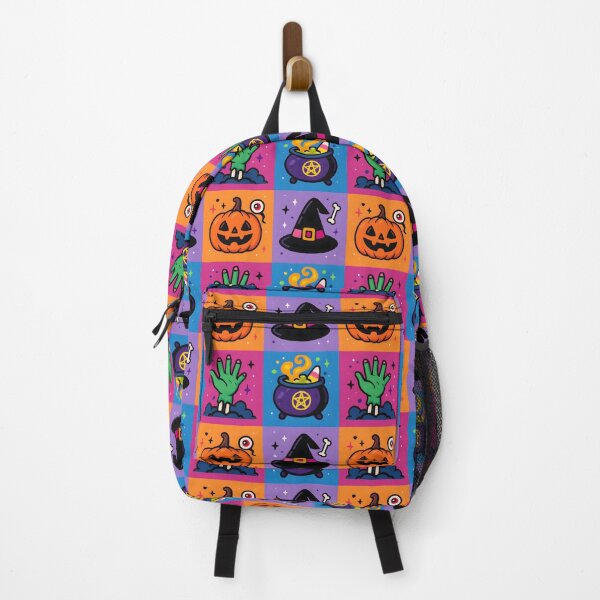 Item preview, Vibrant Halloween Quadrant Graphic – Witch Hat, Pumpkin, Cauldron, and Zombie Hand in Bright Colors designed and sold by FestivityFinds.