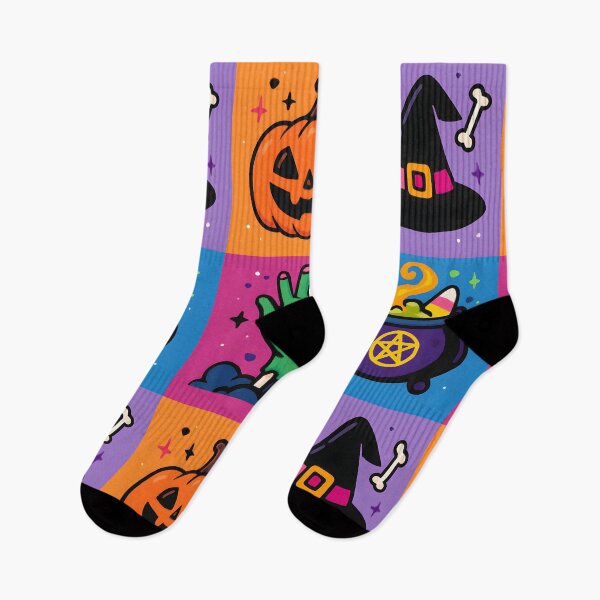 Item preview, Vibrant Halloween Quadrant Graphic – Witch Hat, Pumpkin, Cauldron, and Zombie Hand in Bright Colors designed and sold by FestivityFinds.