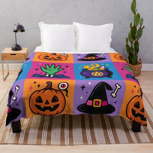 Item preview, Vibrant Halloween Quadrant Graphic – Witch Hat, Pumpkin, Cauldron, and Zombie Hand in Bright Colors designed and sold by FestivityFinds.