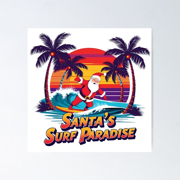 Artikelvorschau, Santa’s Surf Paradise – Retro Tropische Weihnachts-Sonnenuntergang-Surfkunst entworfen und verkauft von LoliDesignShop.