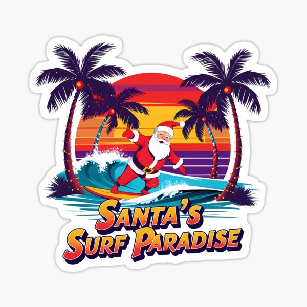 Item preview, Santa’s Surf Paradise – Retro Tropical Christmas Sunset Surfing Art designed and sold by LoliDesignShop.