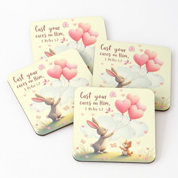 Item preview, Kawaii Christian Bunny & Kitten with Heart Balloons – Cast Your Cares on Him – 1 Peter 5:7 Bible Verse Art, Cute Pastel Scripture Illustration, Faith-Based Encouragement Gift designed and sold by AmenAlways.