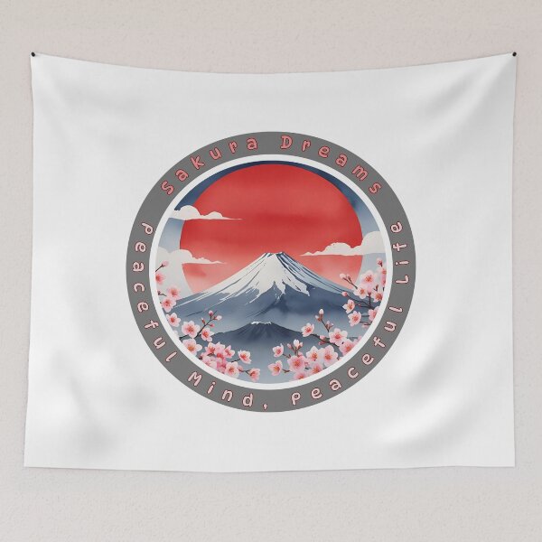 Item preview, Japanese Circle Art – Mount Fuji, Red Sun and Sakura Blossoms designed and sold by Pixel--Threads.