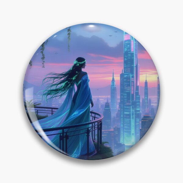 Item preview, Celestial Solarpunk Goddess – Futuristic Eco-City Balcony at Sunset designed and sold by artmanikin.