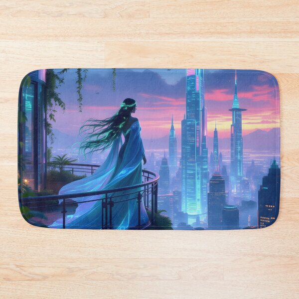Item preview, Celestial Solarpunk Goddess – Futuristic Eco-City Balcony at Sunset designed and sold by artmanikin.