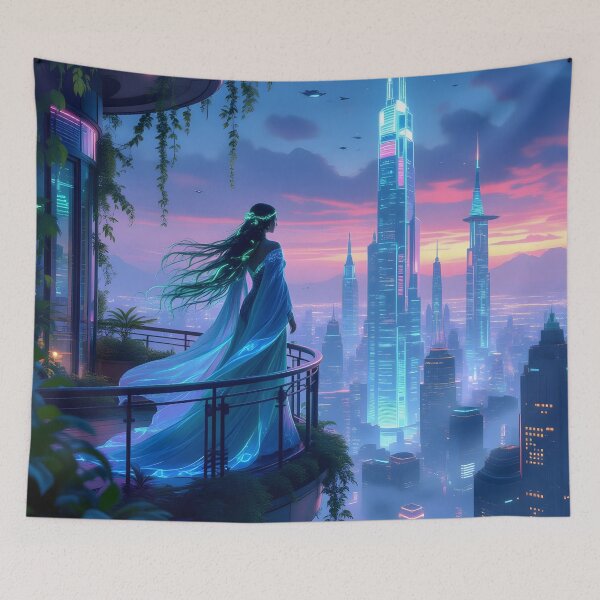 Item preview, Celestial Solarpunk Goddess – Futuristic Eco-City Balcony at Sunset designed and sold by artmanikin.