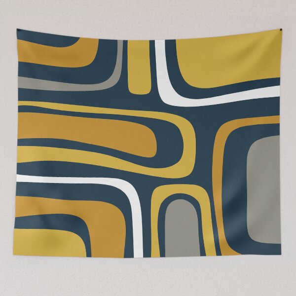 Item preview, Palm Springs Mid-Century Modern Abstract Pattern in Light and Dark Mustard, Gray, and White on Navy Blue designed and sold by kierkegaard.
