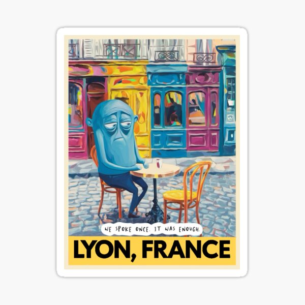 Item preview, Blue Character at Café Table – Lyon France Travel Art Poster  designed and sold by LeQuirks.