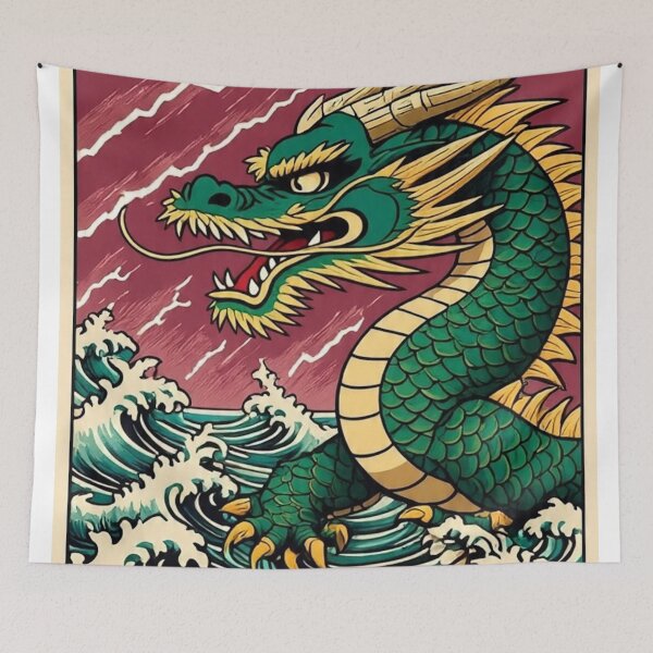 Aperçu de l'œuvre Dragon japonais féroce dans les vagues – Estampe ukiyo-e vintage créée et vendue par Vandy Fullam.