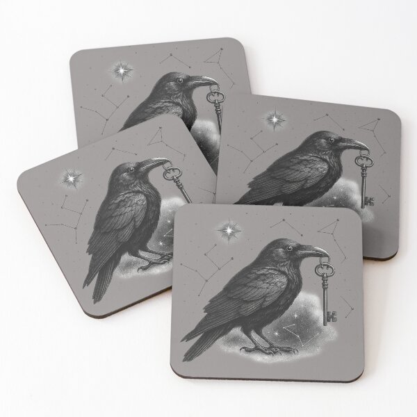 Item preview, Celestial Raven with Key – Gothic Black & White Illustration designed and sold by Tami0673.