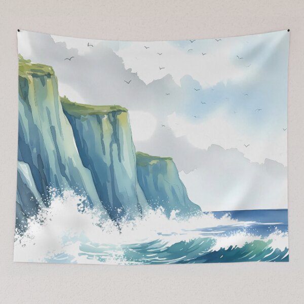 Item preview, Seaside Cliff with Foamy Waves – Watercolor Coastal Scene designed and sold by Dino-Lune.