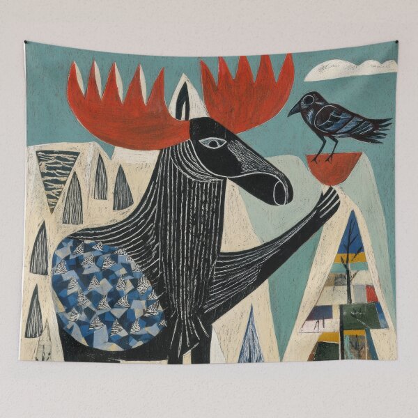 Item preview, Quirky Moose and Bird – Folk Art Woodland Scene designed and sold by dawnleblanc55.
