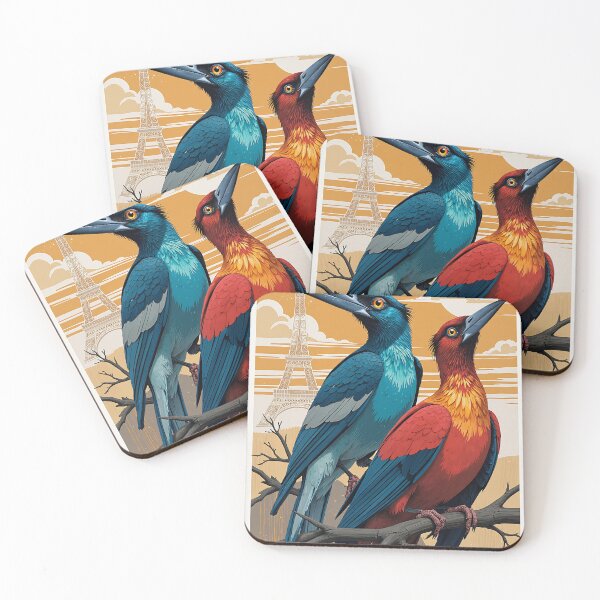 Item preview, Two vibrant kingfishers perch before Parisian sunset skies. designed and sold by Creative Dreams Art.