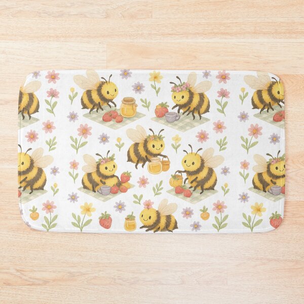 Item preview,  Bee Picnic Pattern – Whimsical Bumblebees with Strawberries, Honey & Flowers designed and sold by Zee's Whimsical Wonders.